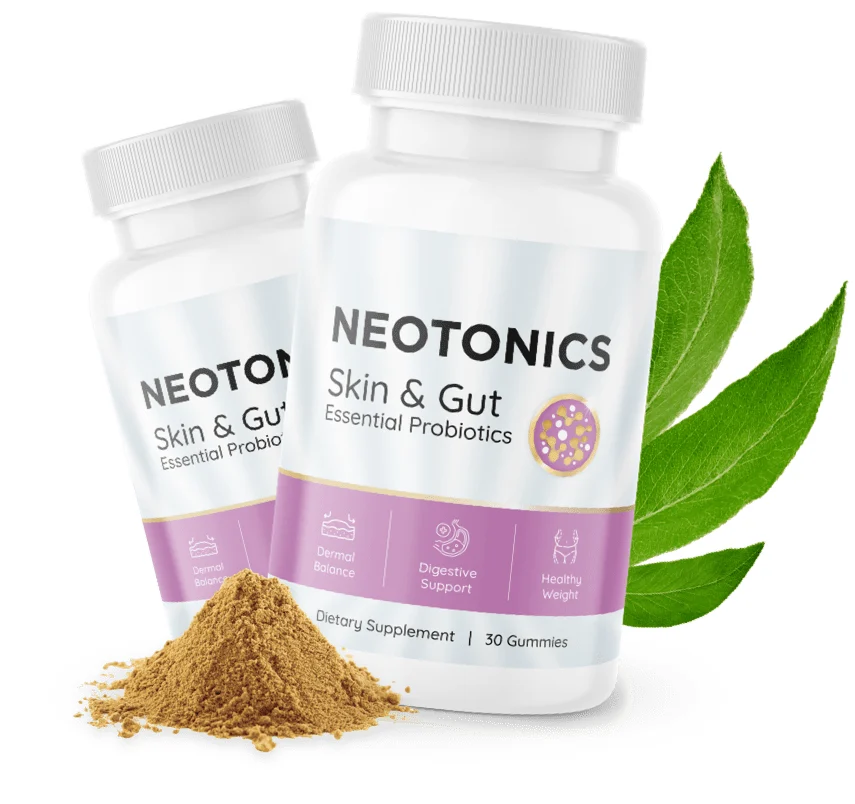 Two bottles of Neotonics Skin & Gut probiotic gummies, 30 gummies per bottle